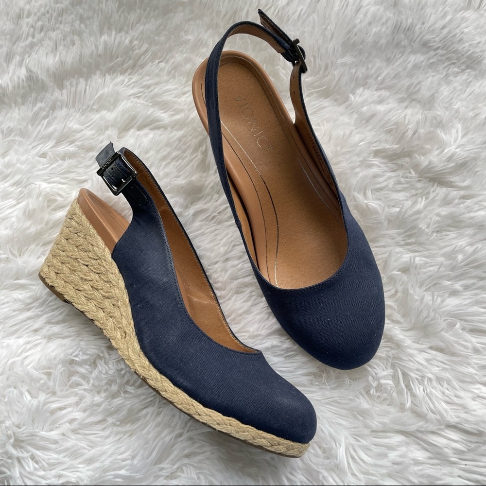 Vionic Coralina Navy Canvas Wedge Heel Espadrille Sandals Orthotic comfy sz 9
